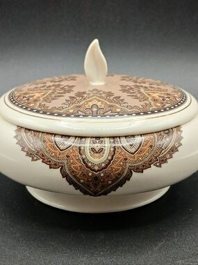 Ivory Color Brown Flower Floral Porcelain Sugar Bowl Candle Holder Covered Dish